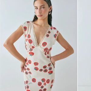 Cream Tomato-Print Maxi Dress with Lace Trim